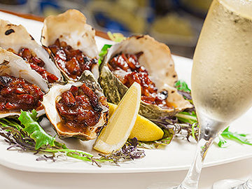 Baked Oysters with Crispy Pancetta-Tomato-Basil Mignonette