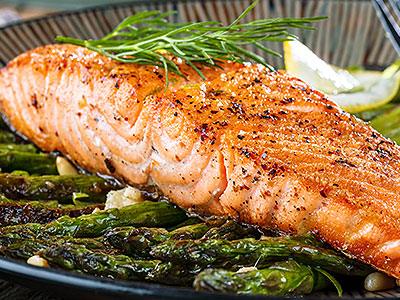 Broiled Salmon Steaks with Mustard Sauce and Asparagus - Nuwave